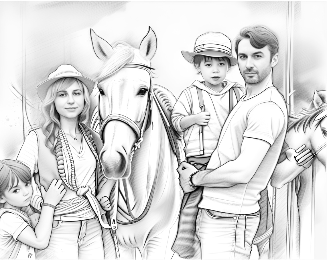 pencil sketch drawing of a family next to a horse from a reference photo, created by generative AI app