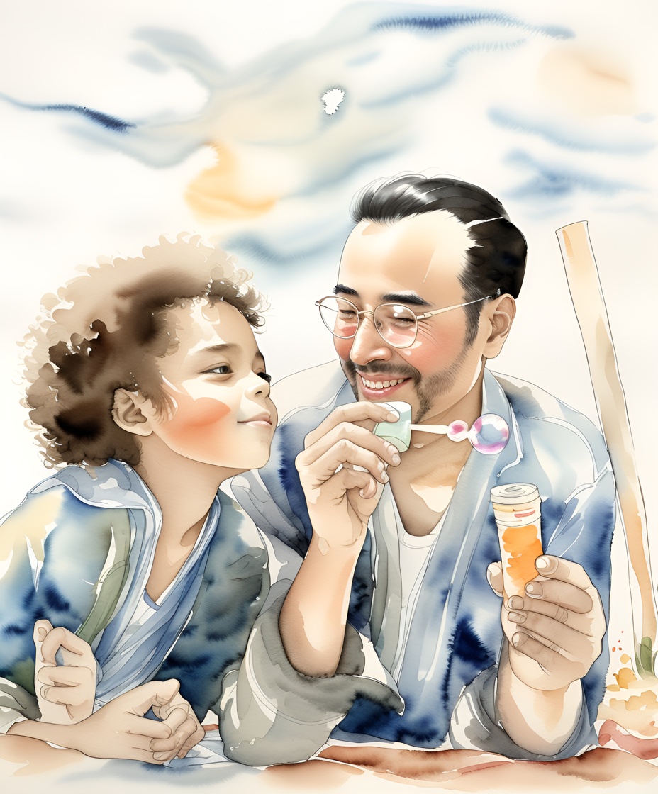 Chinese ink painting of a father and daughter making bubbles, created from a reference photo by generative AI similar as MidJourney and ChatGPT