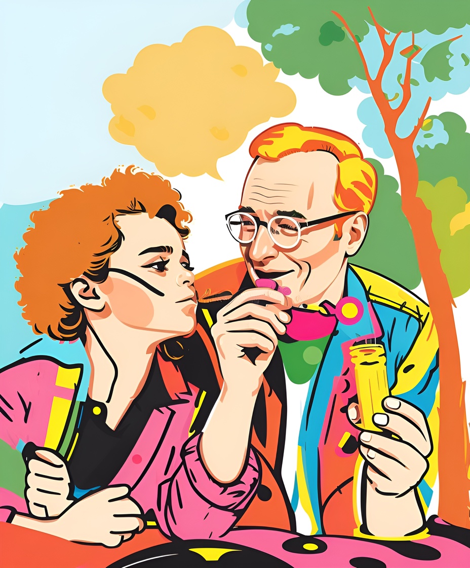 pop art drawing of a father and daughter doing chemistry experiment, created from a reference photo by generative AI similar as MidJourney and ChatGPT