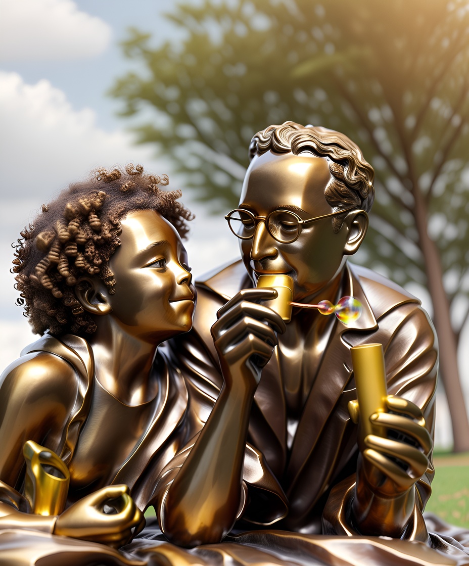 sculpture of a father and daughter making bubbles outdoor, created from a reference photo by generative AI similar as MidJourney and ChatGPT