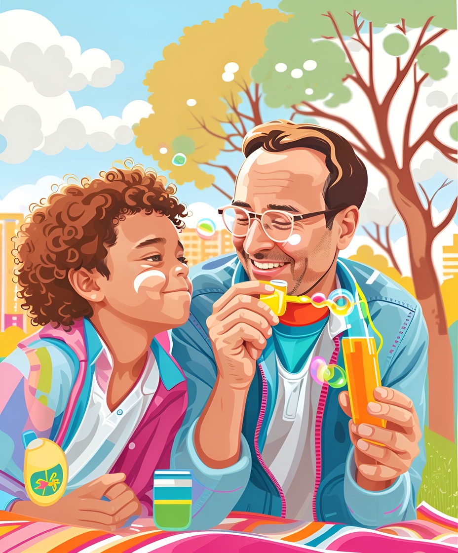 vector art drawing of a father and daughter making bubbles, created from a reference photo by generative AI similar as MidJourney and ChatGPT