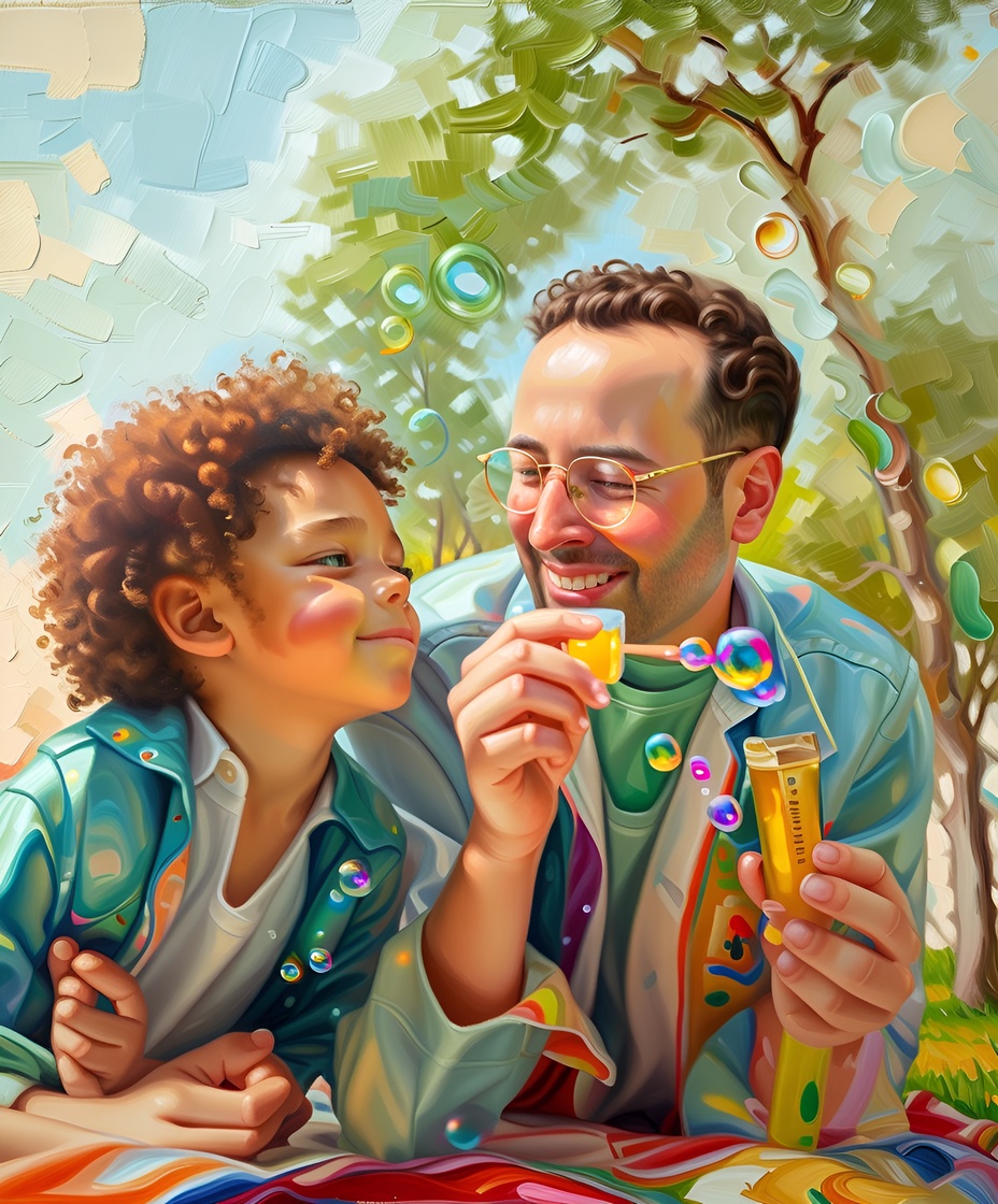 vibrant painting of a father and daughter doing chemistry experiment, created from a reference photo by generative AI similar as MidJourney and ChatGPT