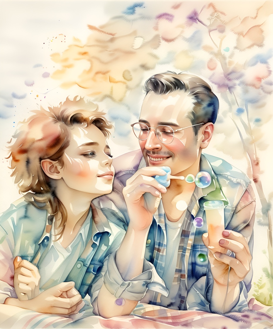 watercolor painting of a father and daughter making bubbles together, created from a reference photo by generative AI similar as MidJourney and ChatGPT