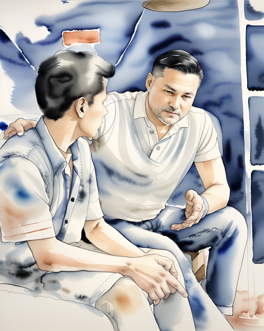 Chinese ink painting of a father talking to a son, created from a reference photo by generative AI similar as MidJourney and ChatGPT