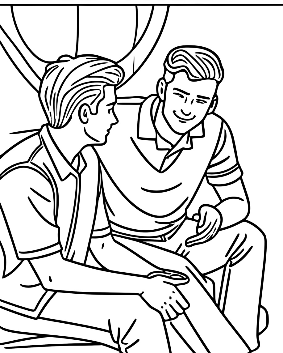 coloring page of a father and a son talking, created from a reference photo by generative AI similar as MidJourney and ChatGPT