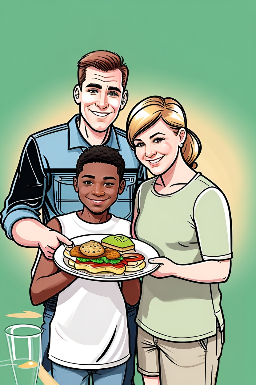 caricature drawing of a family holding a plate together, created from a reference photo by generative AI similar as MidJourney and ChatGPT