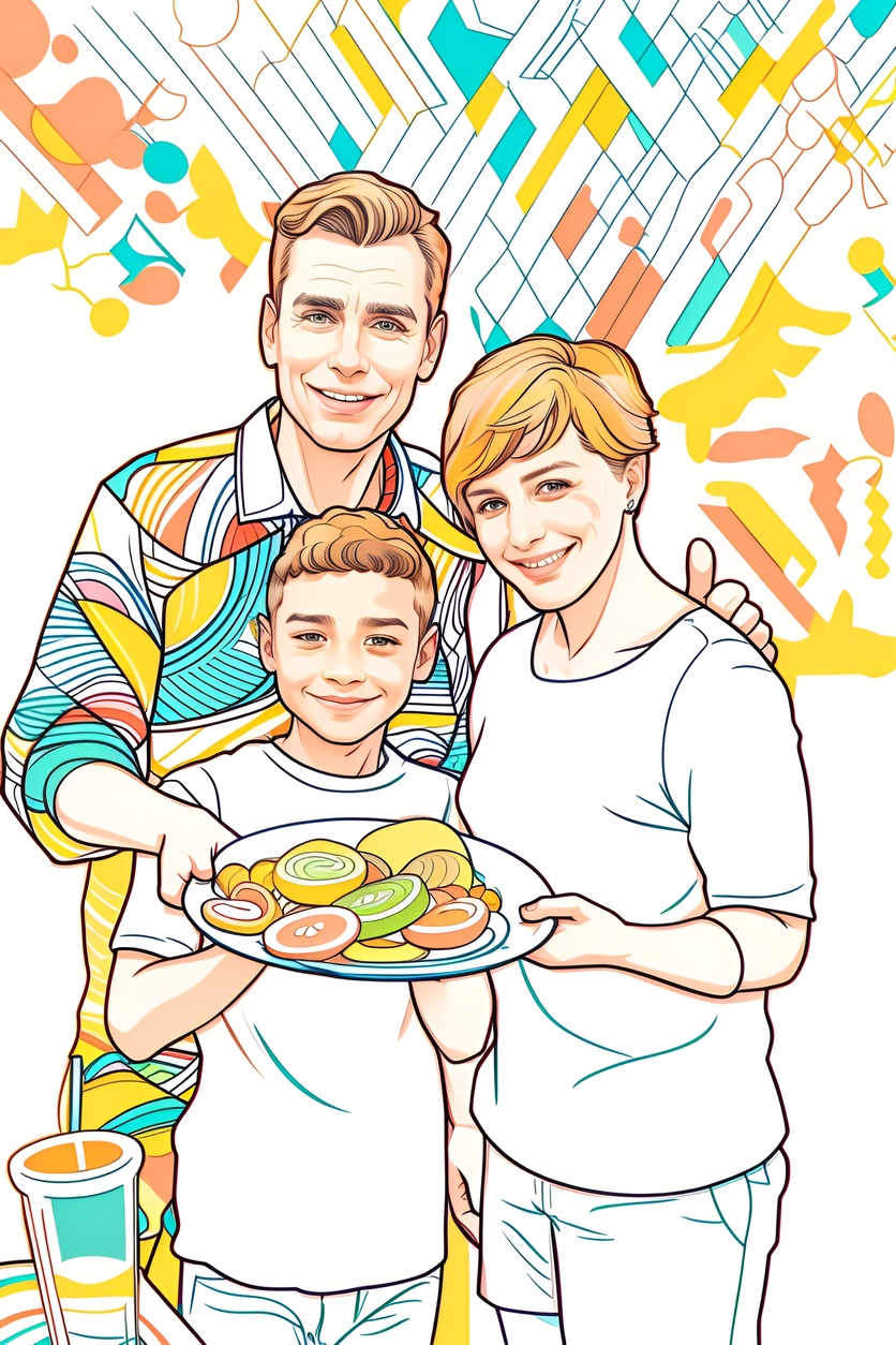 line art picture of a family holding a plate together, created from a reference photo by generative AI similar as MidJourney and ChatGPT