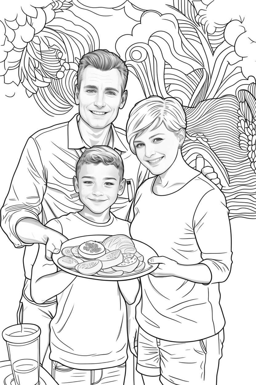 line sketch drawing of a family from a reference photo, created by PortraitArt App