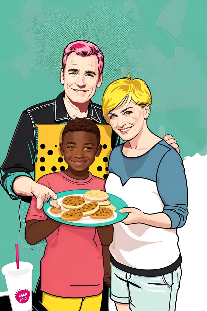 pop art drawing of a family holding a plate together, created from a reference photo by generative AI similar as MidJourney and ChatGPT