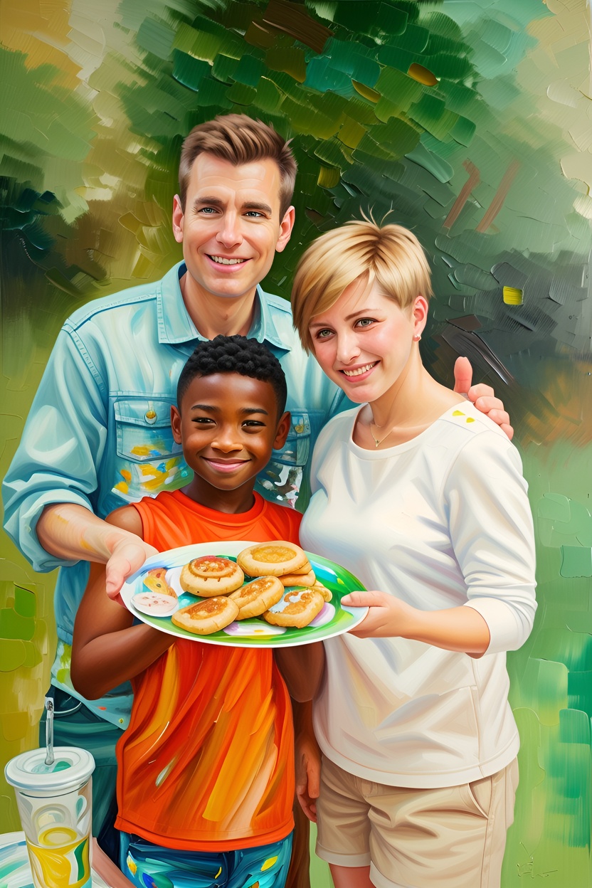 vibrant painting of a family holding a plate together, created from a reference photo by generative AI similar as MidJourney and ChatGPT