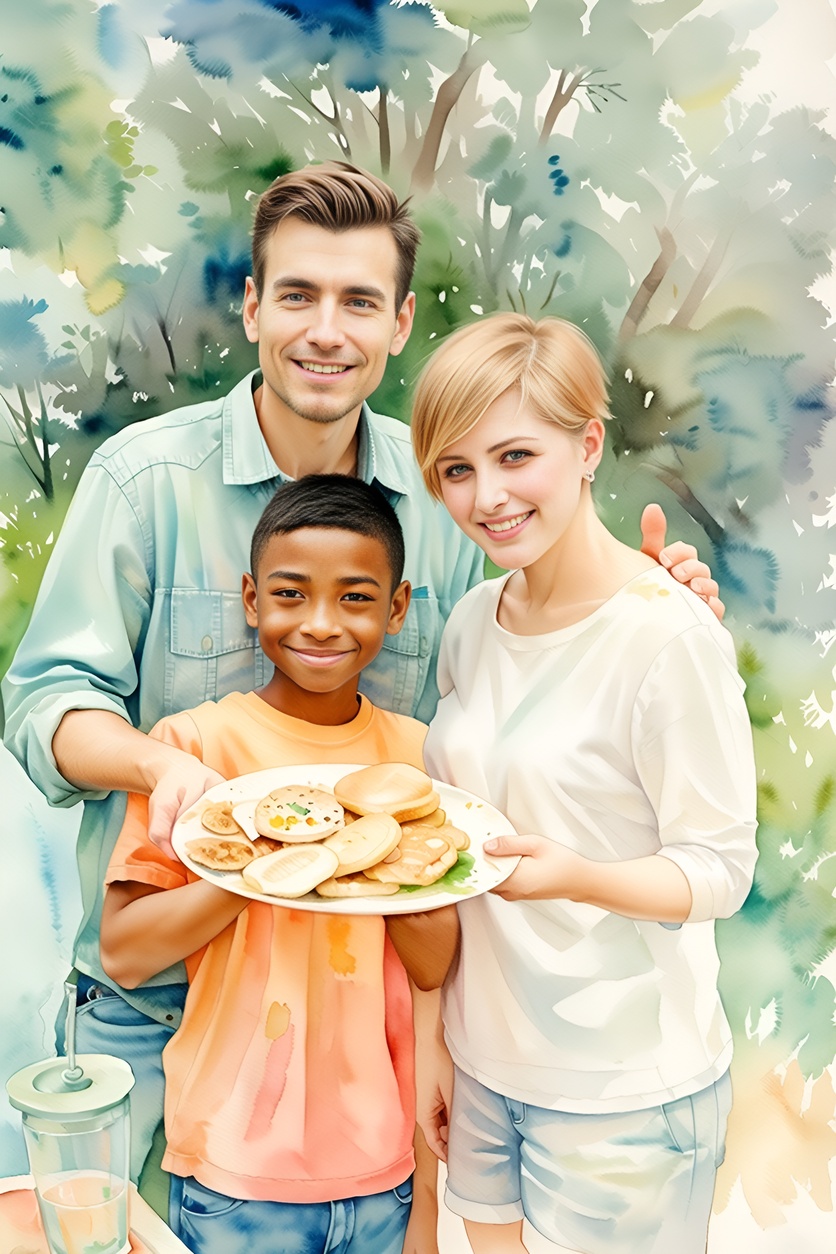 watercolor painting of a family holding a plate of food together, created from a reference photo by generative AI similar as MidJourney and ChatGPT