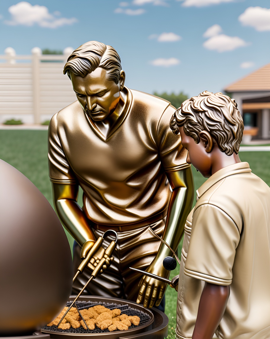 sculpture of a father and son, created from a reference photo by generative AI similar as MidJourney and ChatGPT