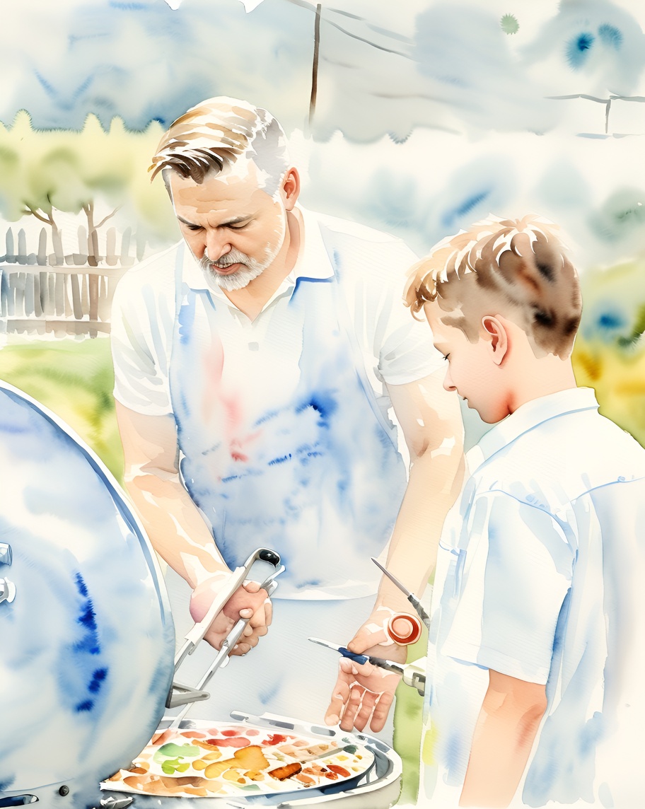 Watercolor painting of a father and son cooking BBQ outdoor, created from a reference photo by generative AI similar as MidJourney and ChatGPT