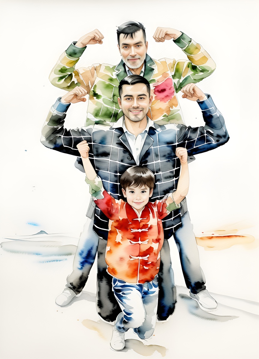 Chinese ink painting of three generations of father and son, created from a reference photo by generative AI similar as MidJourney and ChatGPT