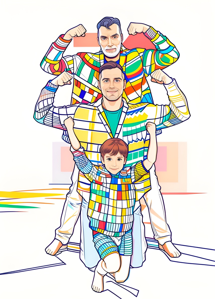 line art drawing of three generations of father and son, created from a reference photo by generative AI similar as MidJourney and ChatGPT