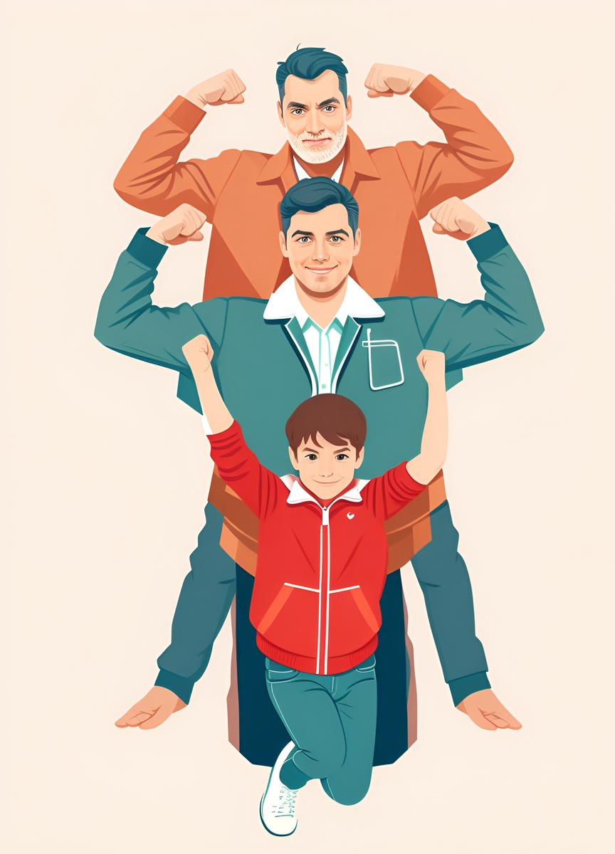 vector art picture of three generations of father and son, created from a reference photo by generative AI similar as MidJourney and ChatGPT