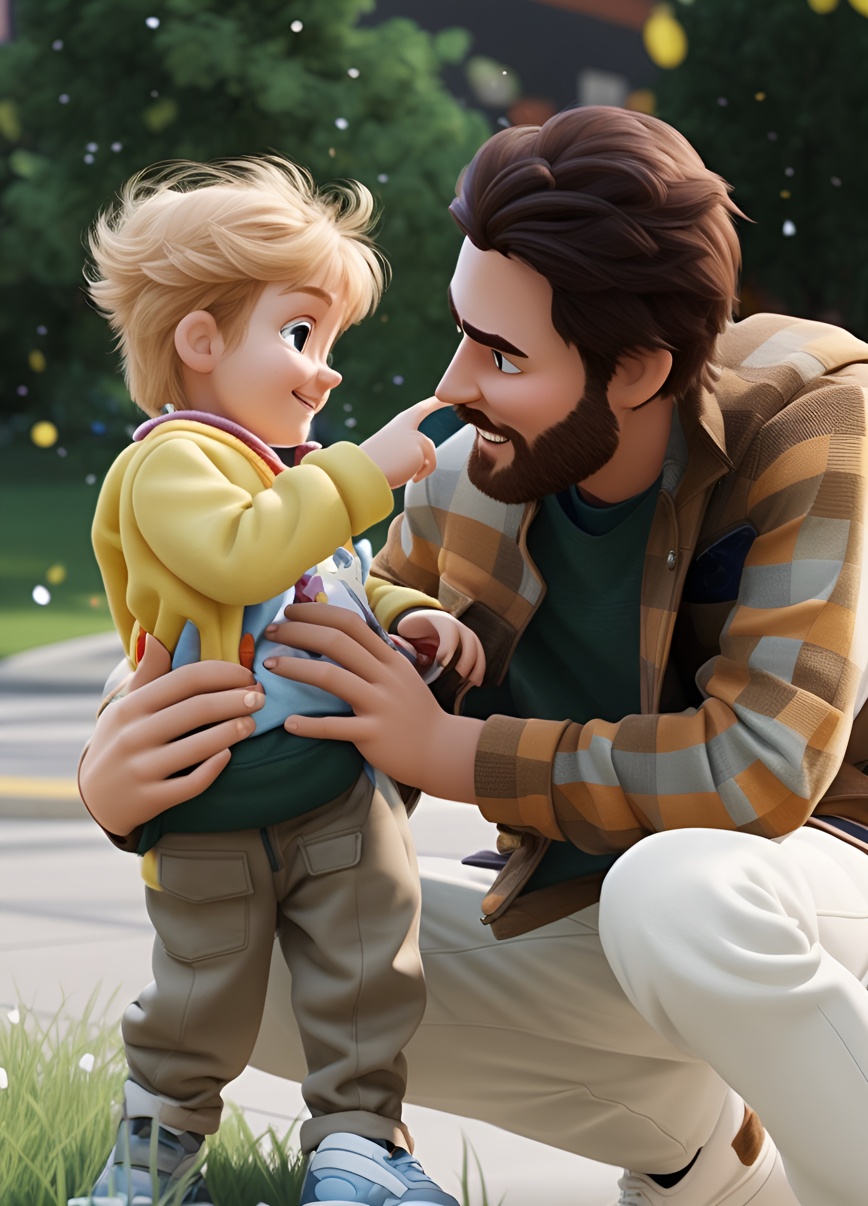 3D cartoon of a father and son, created from a reference photo by generative AI similar as MidJourney and ChatGPT