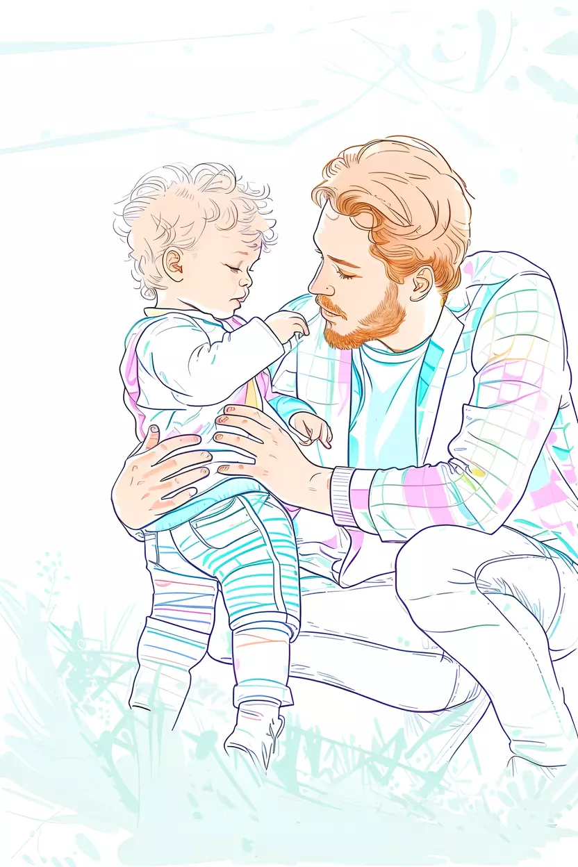 Line art picture of a father and toddler son, created from a reference photo by generative AI similar as MidJourney and ChatGPT