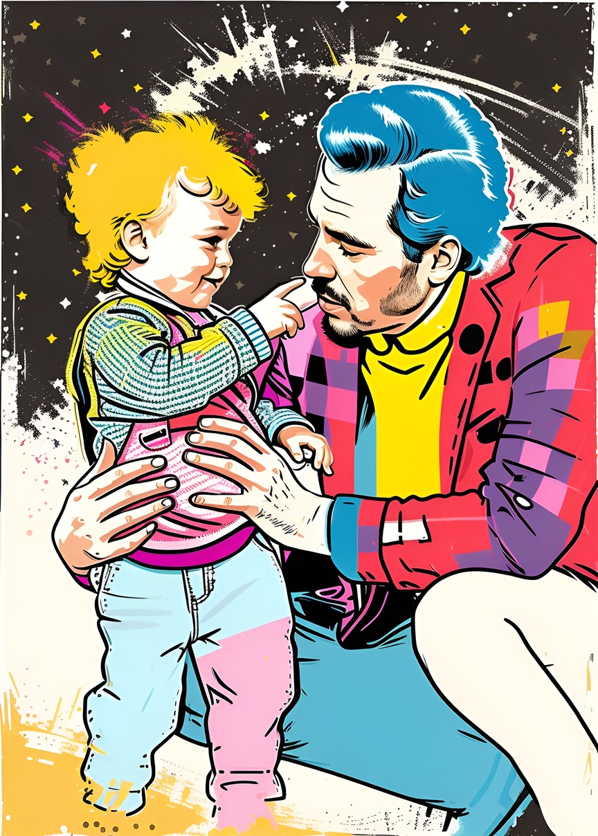 pop art drawing of a father and son, created from a reference photo by generative AI similar as MidJourney and ChatGPT