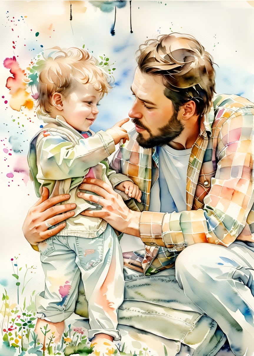 watercolor painting of a father and son, created from a reference photo by generative AI similar as MidJourney and ChatGPT