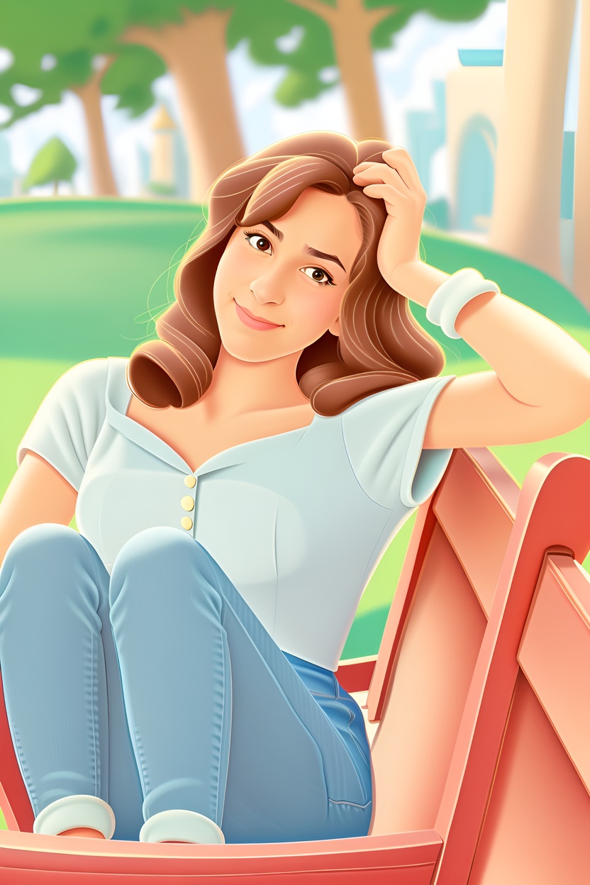 cartoon drawing of a young girl sitting on a bench, created from a reference photo by generative AI similar as MidJourney and ChatGPT