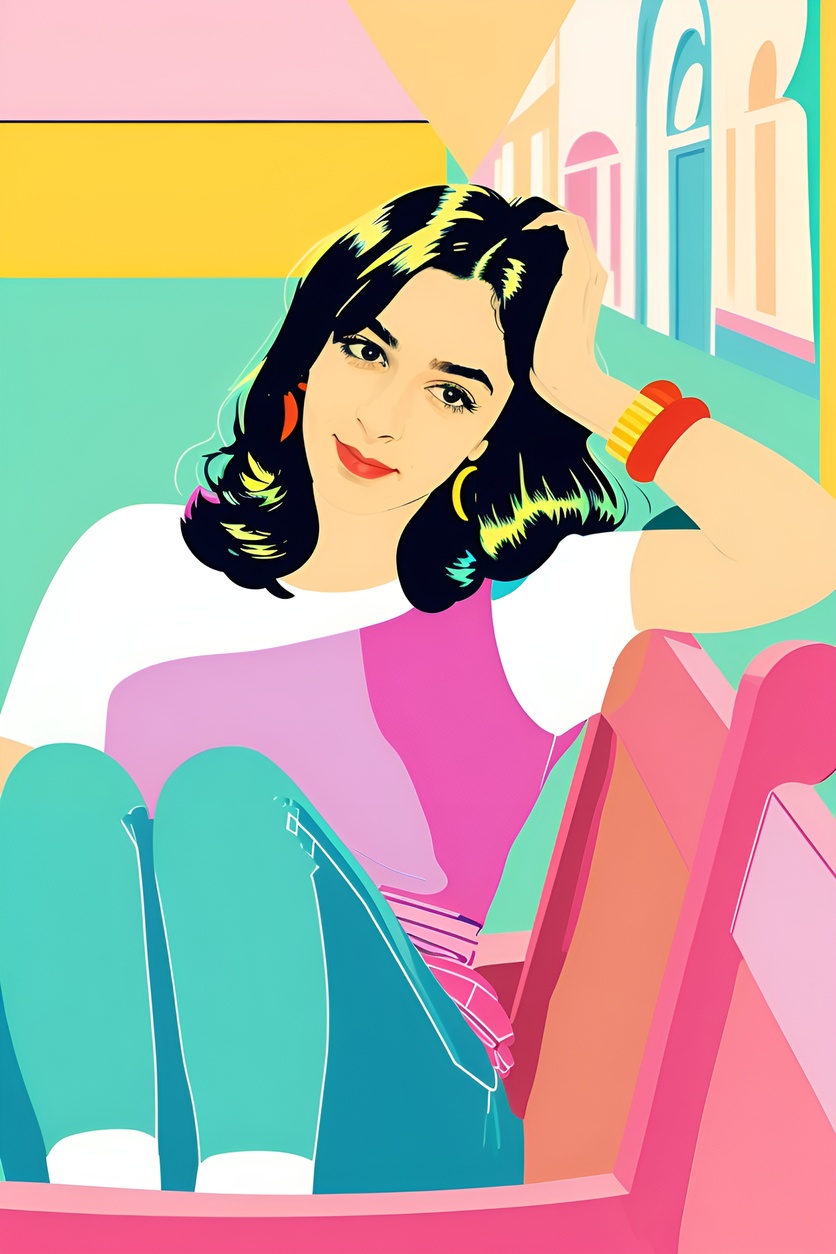 pop art picture of a young girl sitting on a bench, created from a reference photo by generative AI similar as MidJourney and ChatGPT