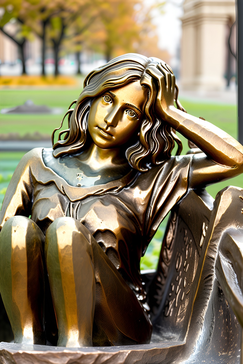 sculpture of a young girl sittong on a bench, made from a reference photo by generative AI similar as MidJourney and ChatGPT