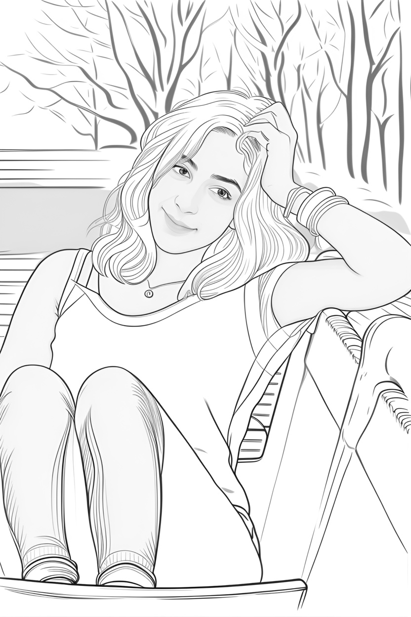 line sketch drawing of a girl on bench from a reference photo, by generative AI similar as MidJourney and ChatGPT