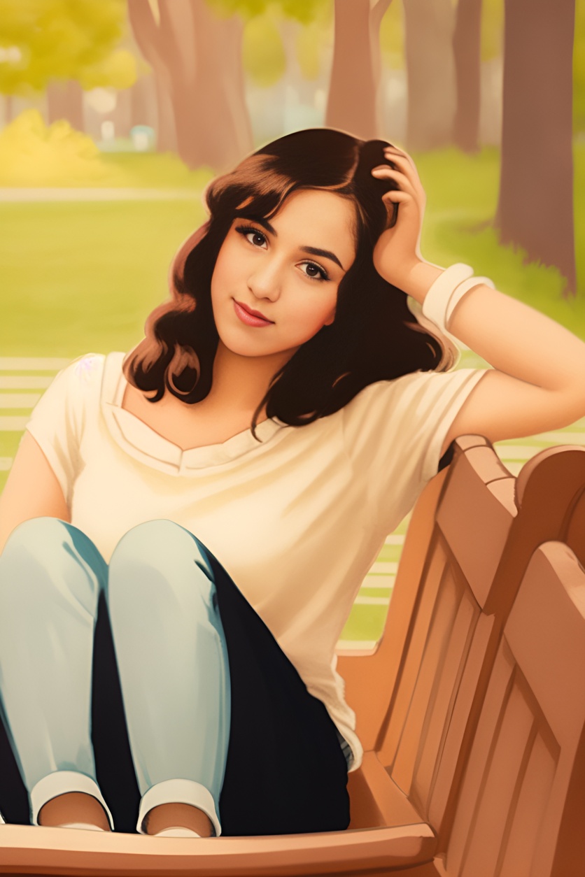 Vintage painting of a girl on a bench, made from a reference photo by generative AI similar as MidJourney and ChatGPT