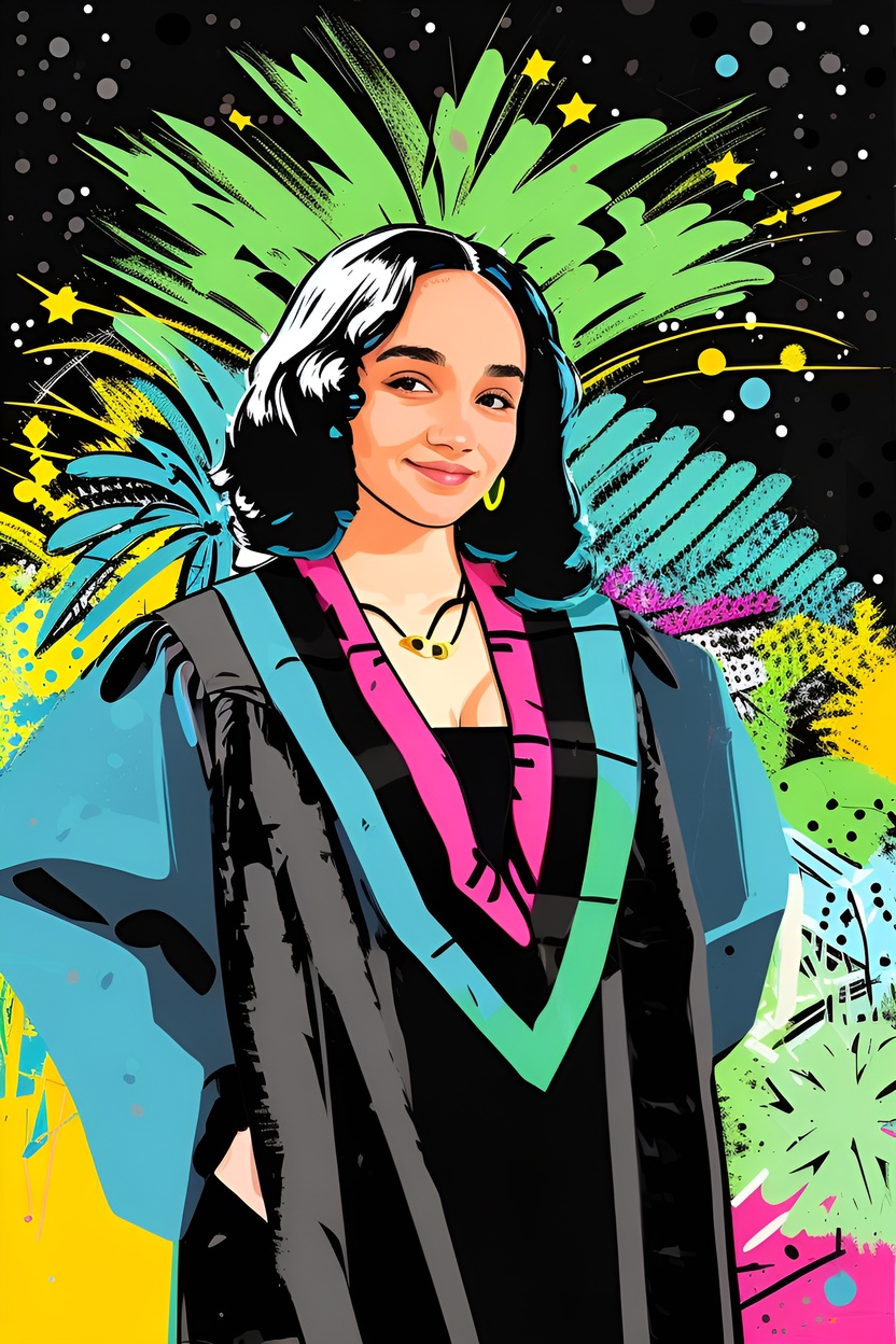 Pop art of a girl in graduation gown, converted from a reference photo by generative AI similar as MidJourney and ChatGPT