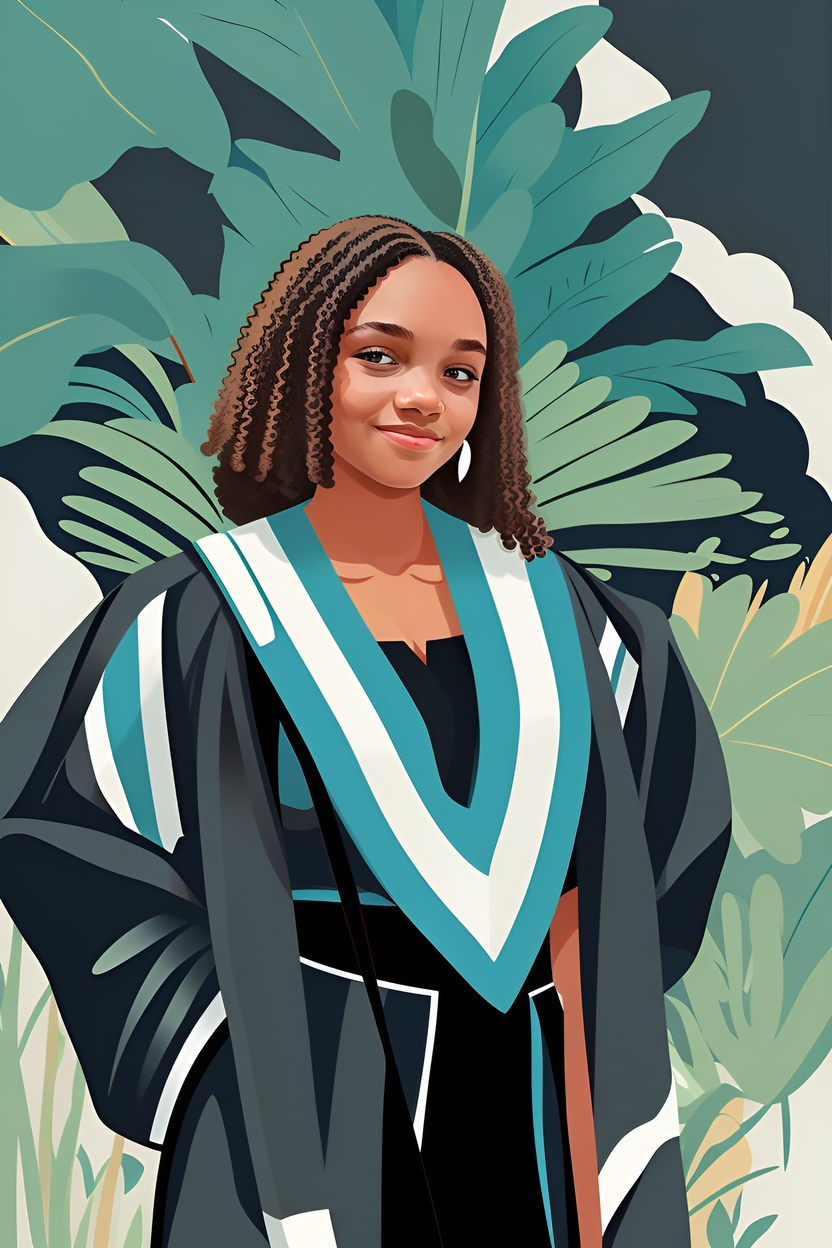 Vector art of a girl in graduation gown, converted from a reference photo by generative AI similar as MidJourney and ChatGPT