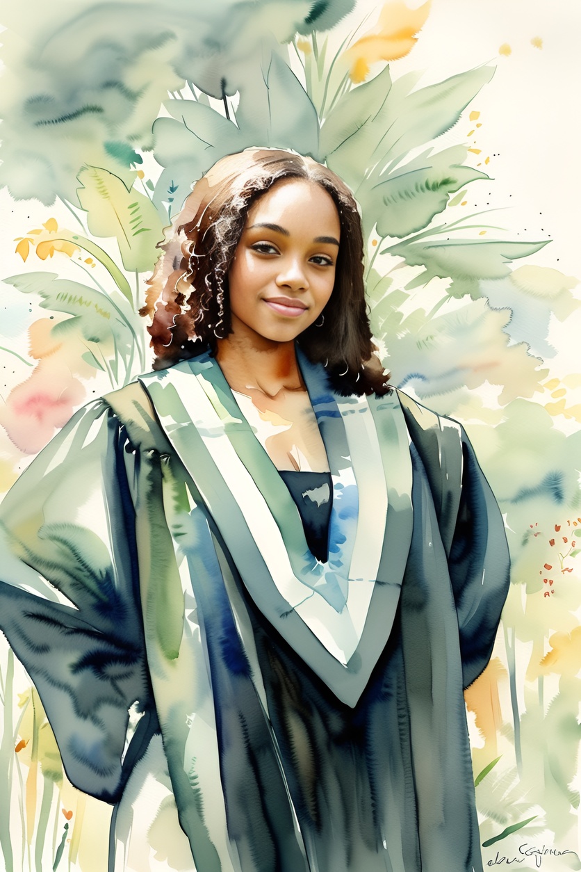 Watercolor painting of a girl in graduation gown, converted from a reference photo by generative AI similar as MidJourney and ChatGPT