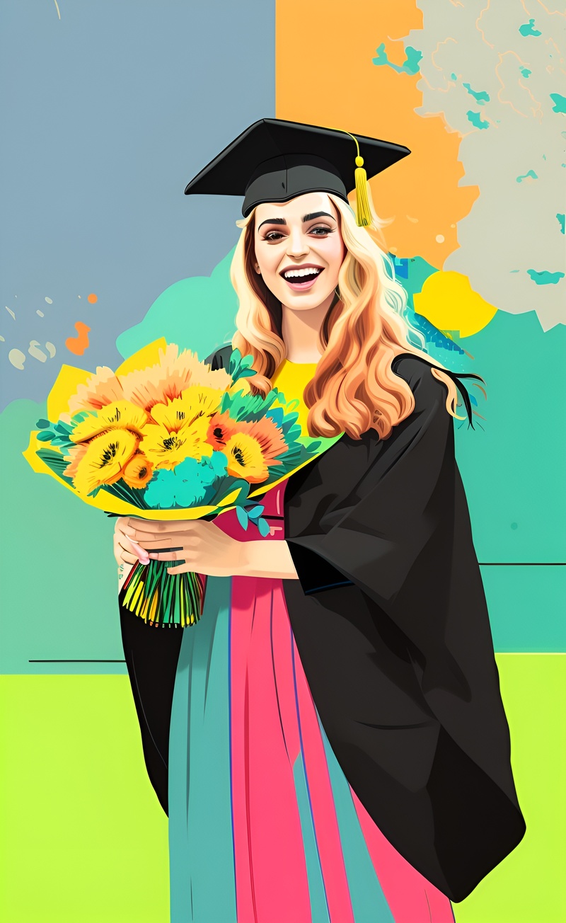 Pop art of a girl in graudation gown and holding flowers, converted from a reference photo by generative AI similar as MidJourney and ChatGPT