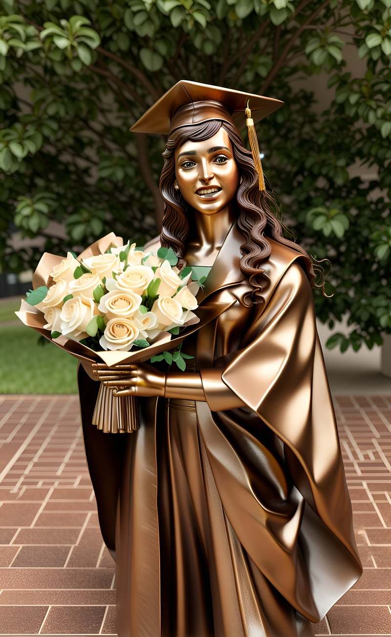 Sculpture of a girl in graduation gown and holding flowers, converted from a reference photo by generative AI similar as MidJourney and ChatGPT