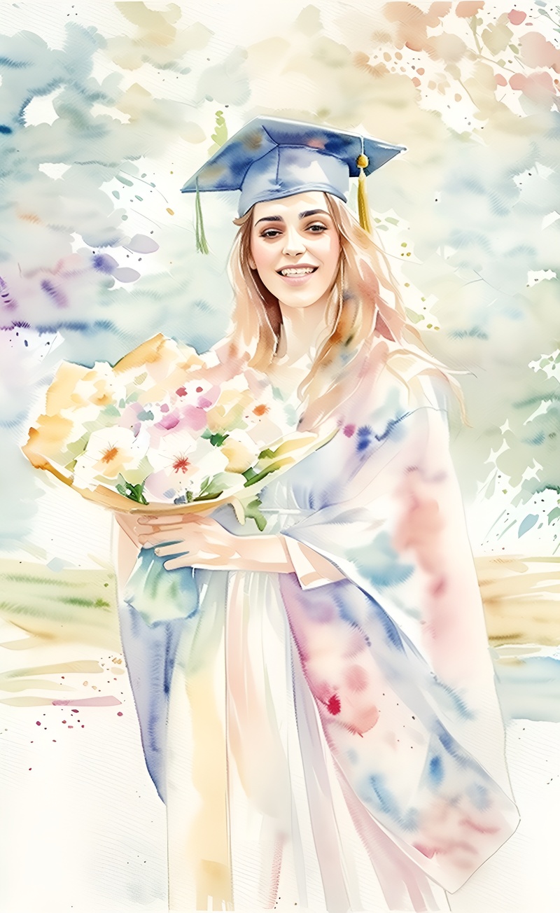 Watercolor painting of a girl in graduation gown and holding flowers, converted from a reference photo by generative AI similar as MidJourney and ChatGPT