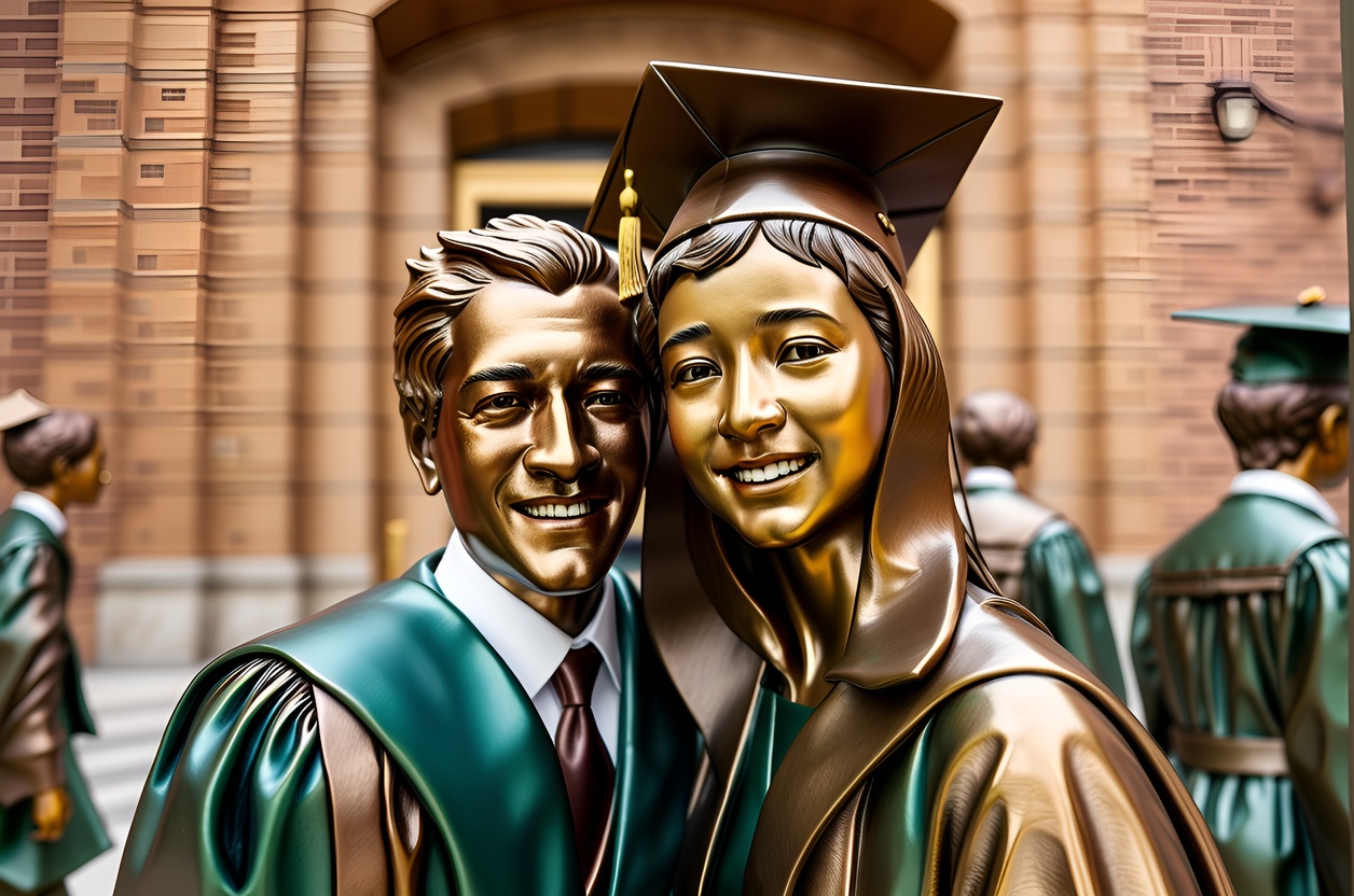 Sculpture of a graduate and advisor at graduation ceremony, converted from a reference photo by generative AI similar as MidJourney and ChatGPT