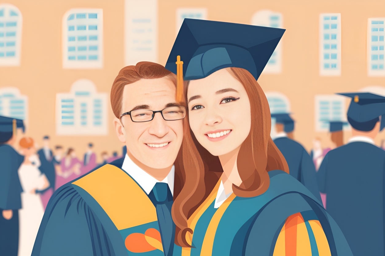 Vector art picture of a graduate and advisor at graduation ceremony, converted from a reference photo by generative AI similar as MidJourney and ChatGPT