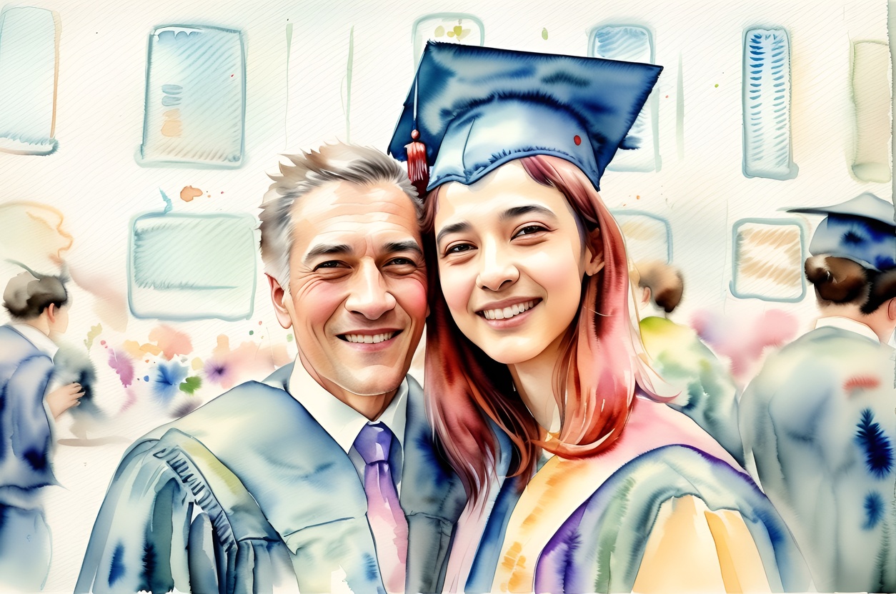 Watercolor painting of a graduation group photo, converted from a reference photo by generative AI similar as MidJourney and ChatGPT