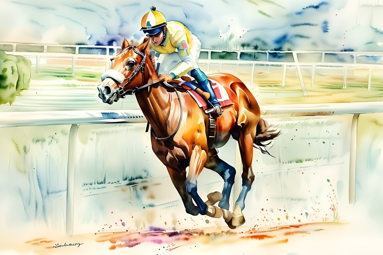 horse racing watercolor painting from a photo, created with PortraitArt