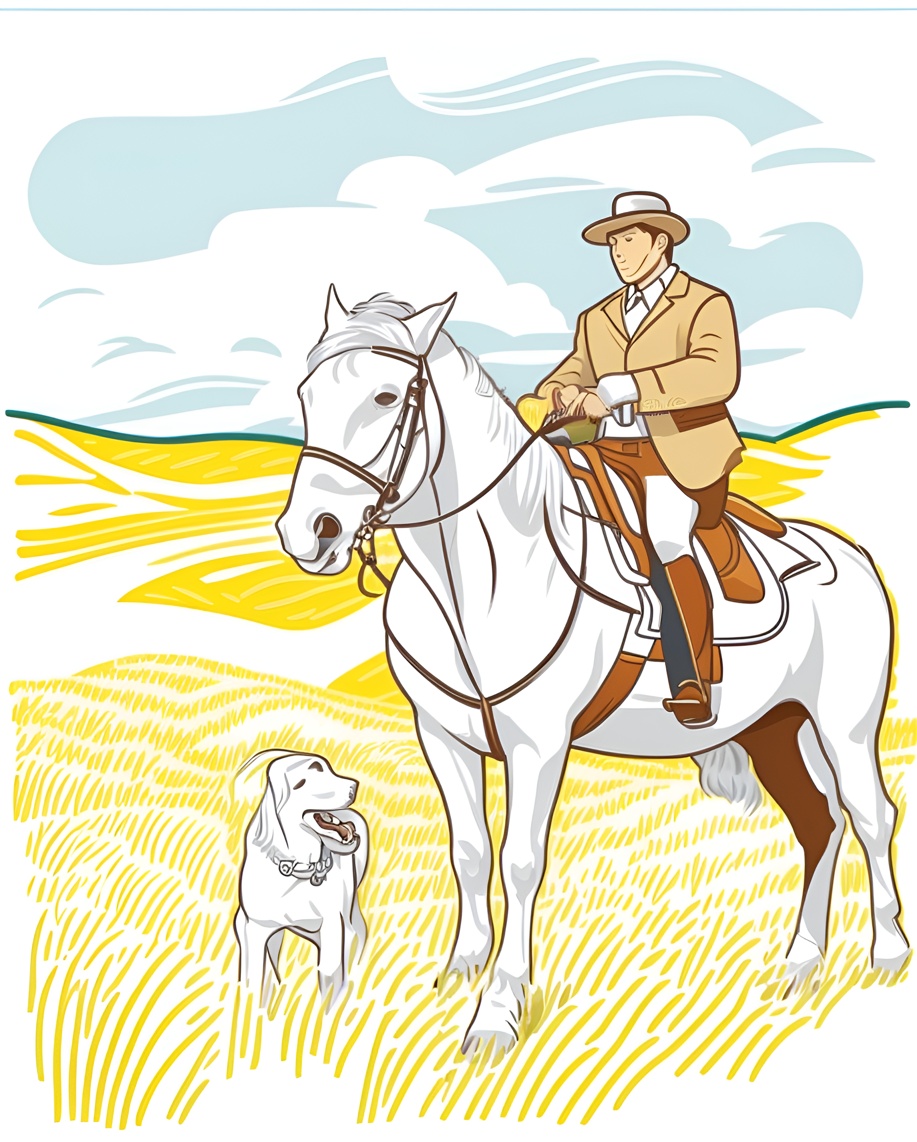 Line art picture a man riding horse, created from a reference photo by generative AI similar as MidJourney and ChatGPT