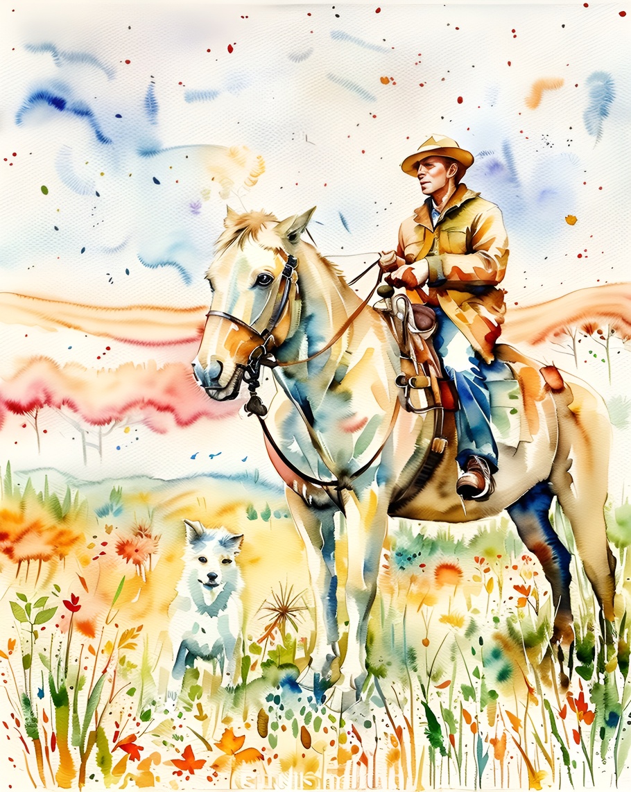 Watercolor painting of a man riding a horse, created from a reference photo by generative AI similar as MidJourney and ChatGPT