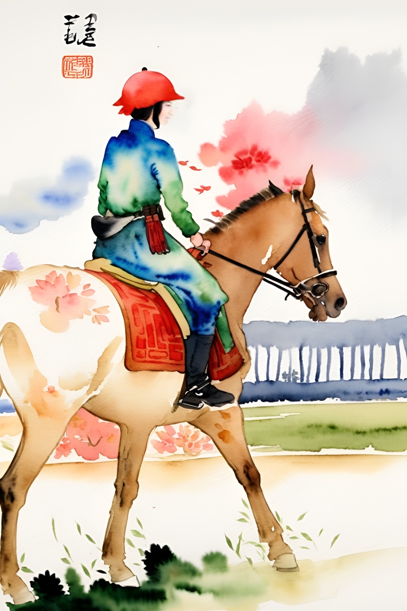 Chinese traditional painting of a woman riding a horse, created from a reference photo by generative AI similar as MidJourney and ChatGPT