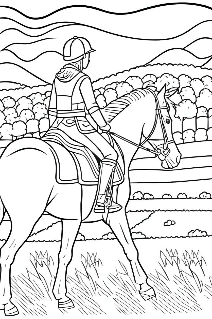 Coloring page of a woman riding a horse, created from a reference photo by generative AI similar as MidJourney and ChatGPT