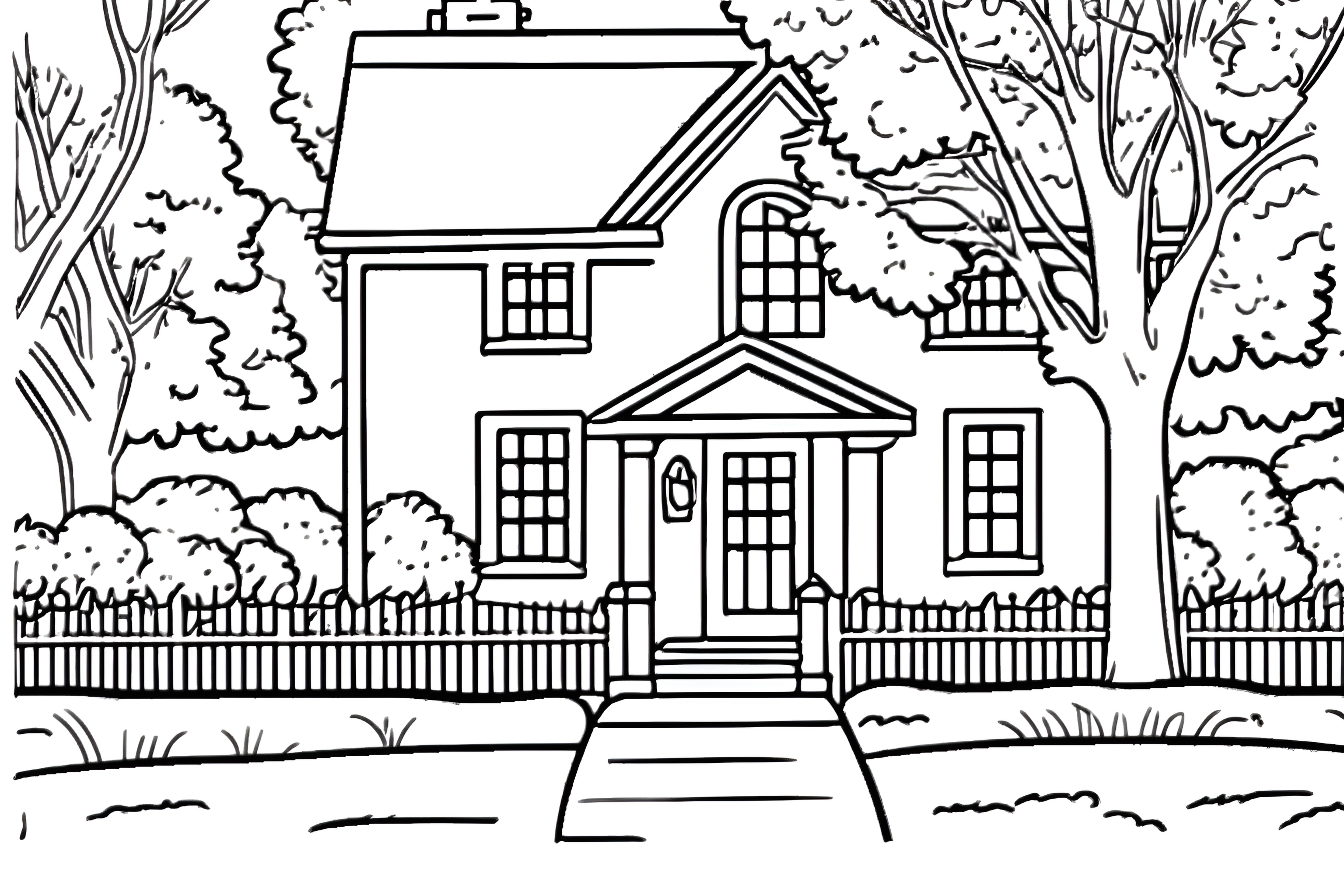 Coloring page of a house, created from a reference photo by generative AI similar as MidJourney and ChatGPT