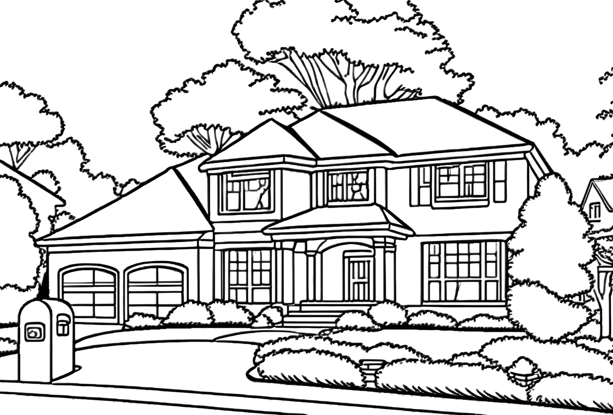 Coloring page of a house, created from a reference photo by generative AI similar as MidJourney and ChatGPT