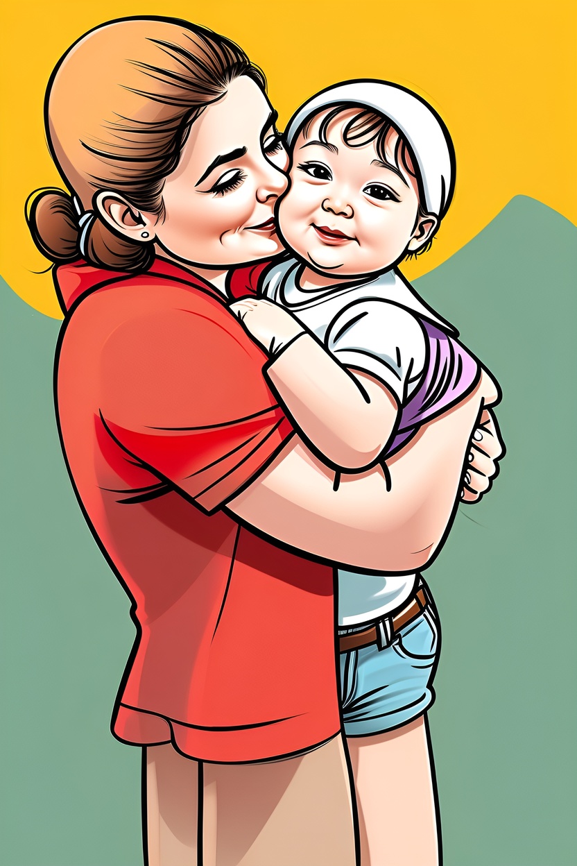 Caricature of a mom holding a baby, created from a reference photo by PortraitArt app