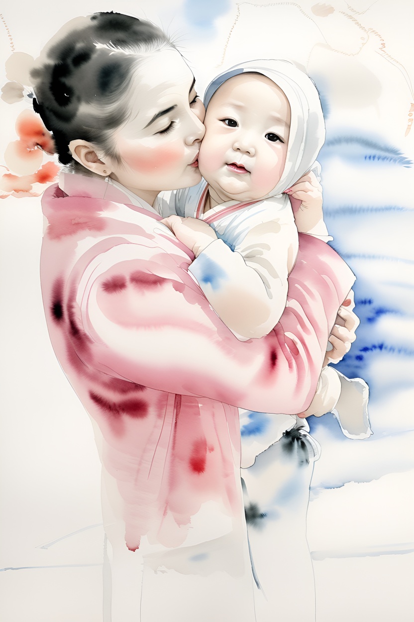 Chinese traditional painting of a mom holding a baby, created from a reference photo by PortraitArt app