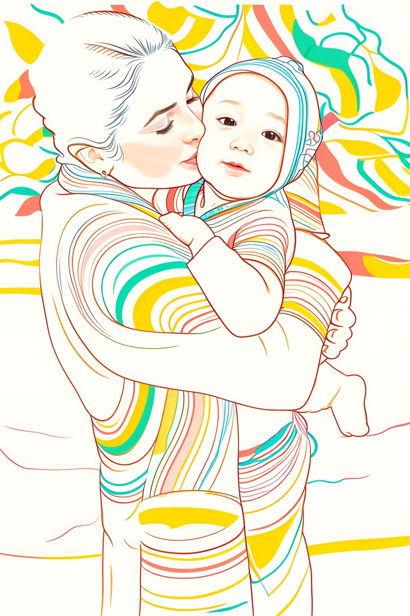 Line art picture of a mom kissing a baby, created from a reference photo by PortraitArt app