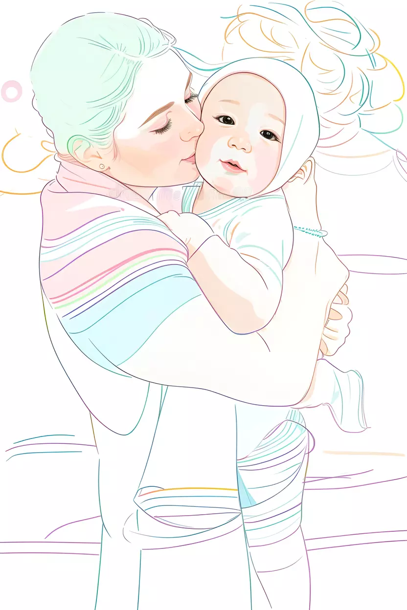 Line art picture of a mom kissing a baby, created from a reference photo by PortraitArt app