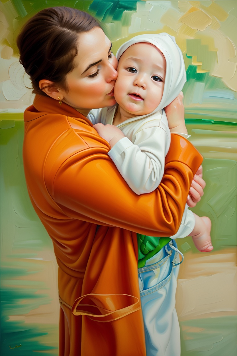 Vibrant painting of a mom kissing a baby, created from a reference photo by PortraitArt app